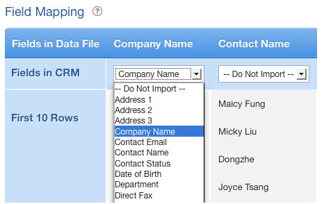 Match your [Header Row] fields with the system data fields